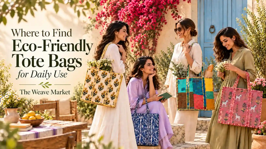 Women carying eco friendly tote bags from the weave market
