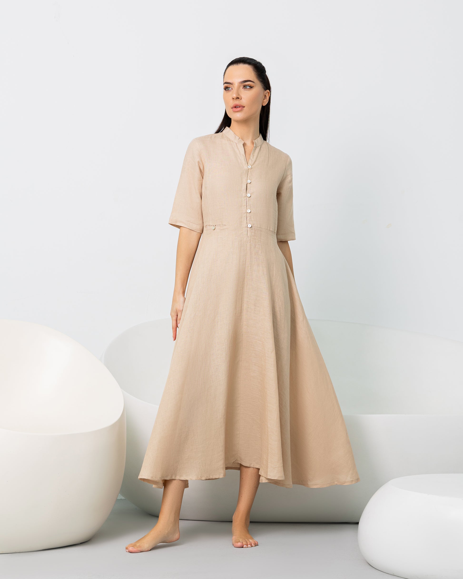 Formal Beige Linen Button Down Dress Dubai The Weave Market FZ-LLC Formal Beige Linen Button Down Dress Dubai The Weave Market FZ-LLC