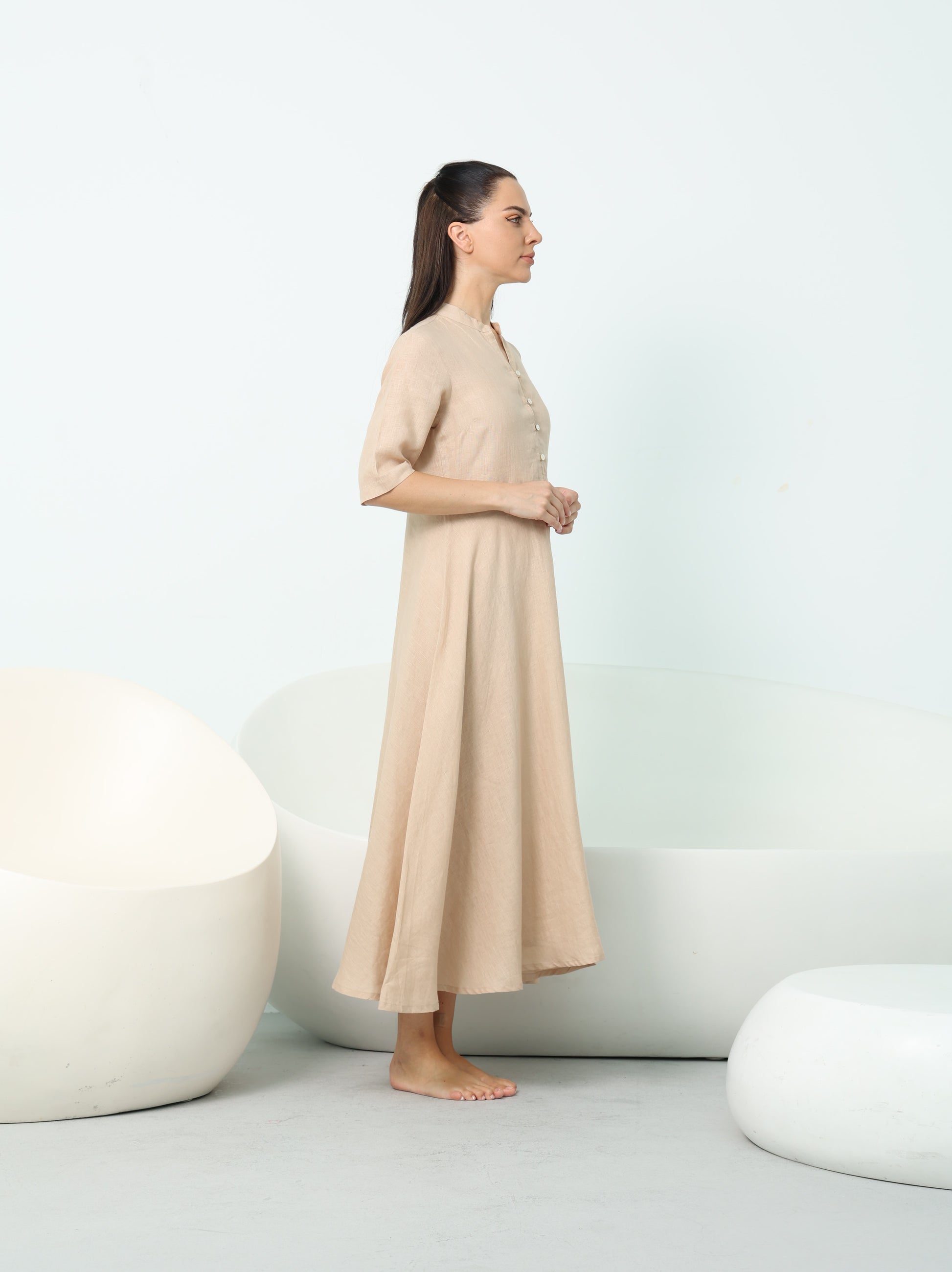 Formal Beige Linen Button Down Dress Dubai The Weave Market FZ-LLC Formal Beige Linen Button Down Dress Dubai The Weave Market FZ-LLC