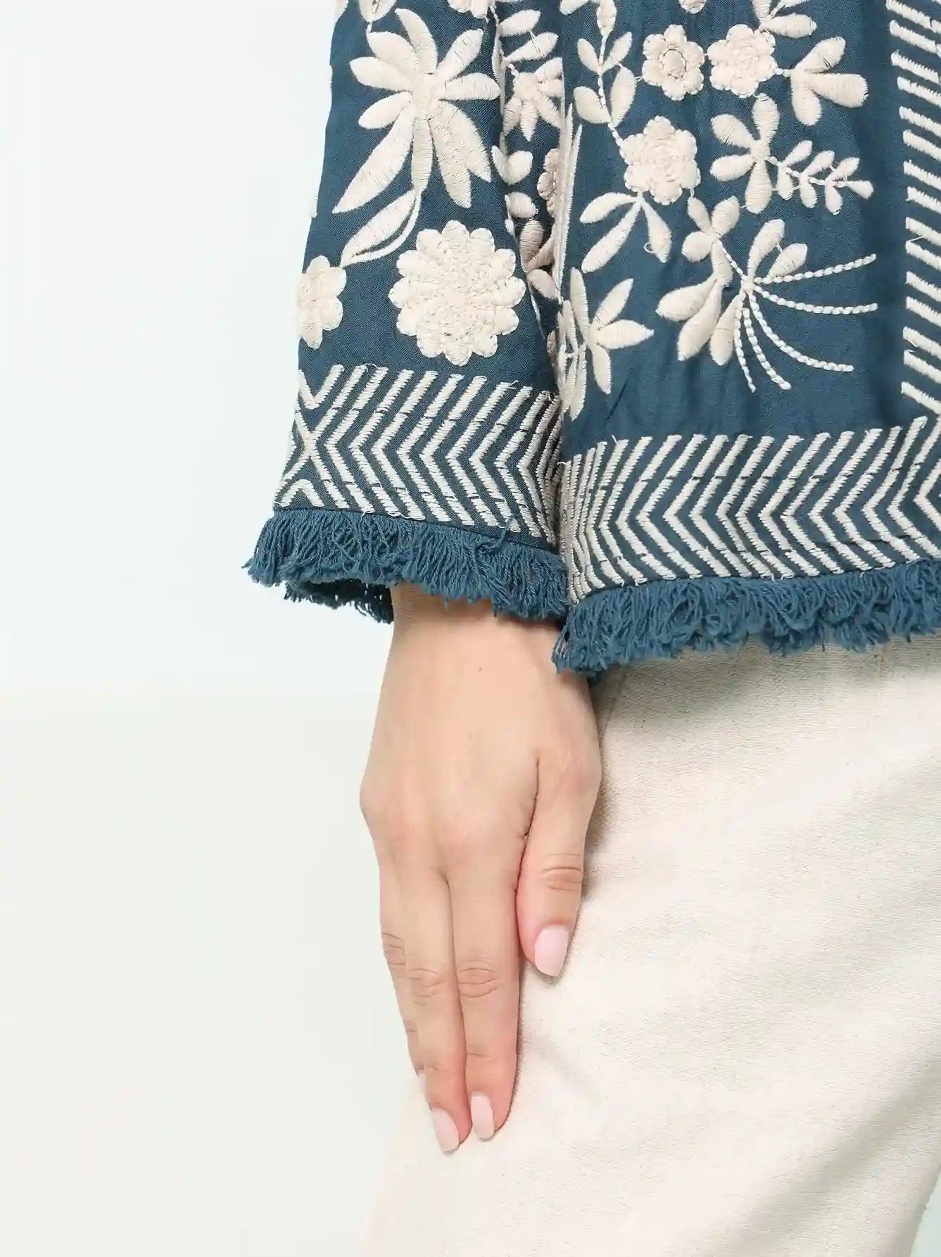 Boho blue color beige Embroidered Jacket