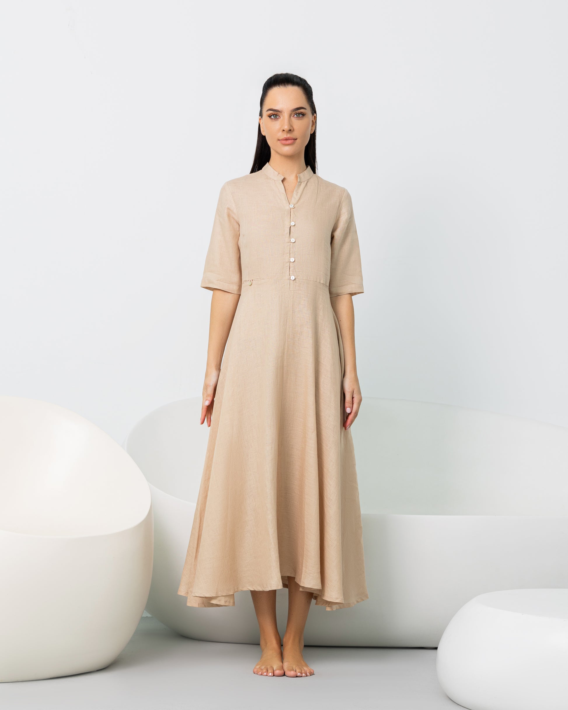 Formal Beige Linen Button Down Dress Dubai – The Weave Market FZ-LLC