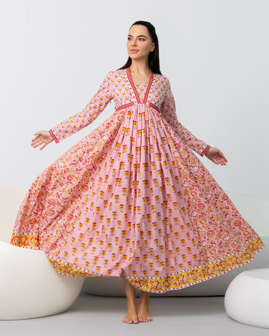 Pink Flared Long Maxi Dress