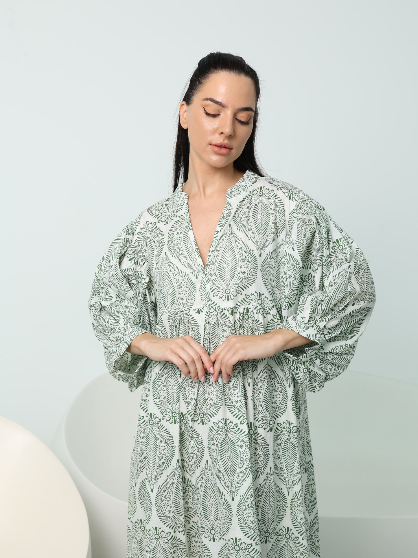 V Neck Puffed Sleeves Dress