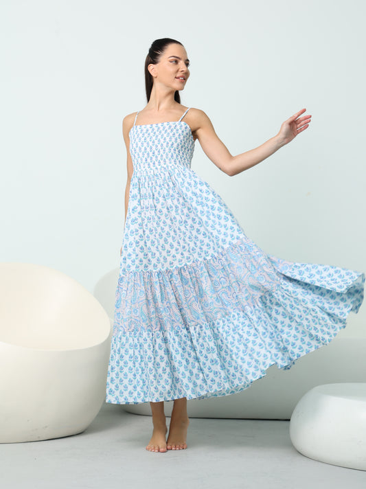 blue floral tiered maxi dress